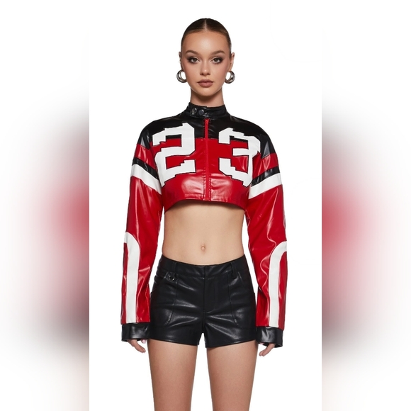 Dolls Kill Jackets & Blazers - DOLLS KILL TORQUE ROMANCE MOTO CROSS BIKER JACKET RED BLACK 23 CROPPED